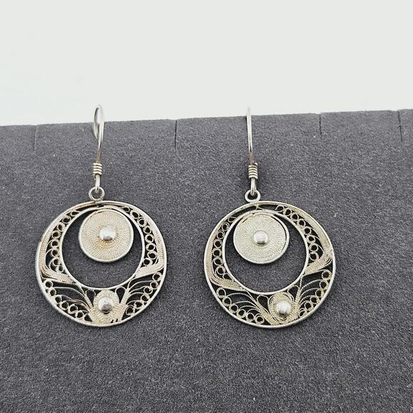 Vintage 925 Sterling Silver Drop Statement Earrings Delicate Filigree Regal - Picture 1 of 6